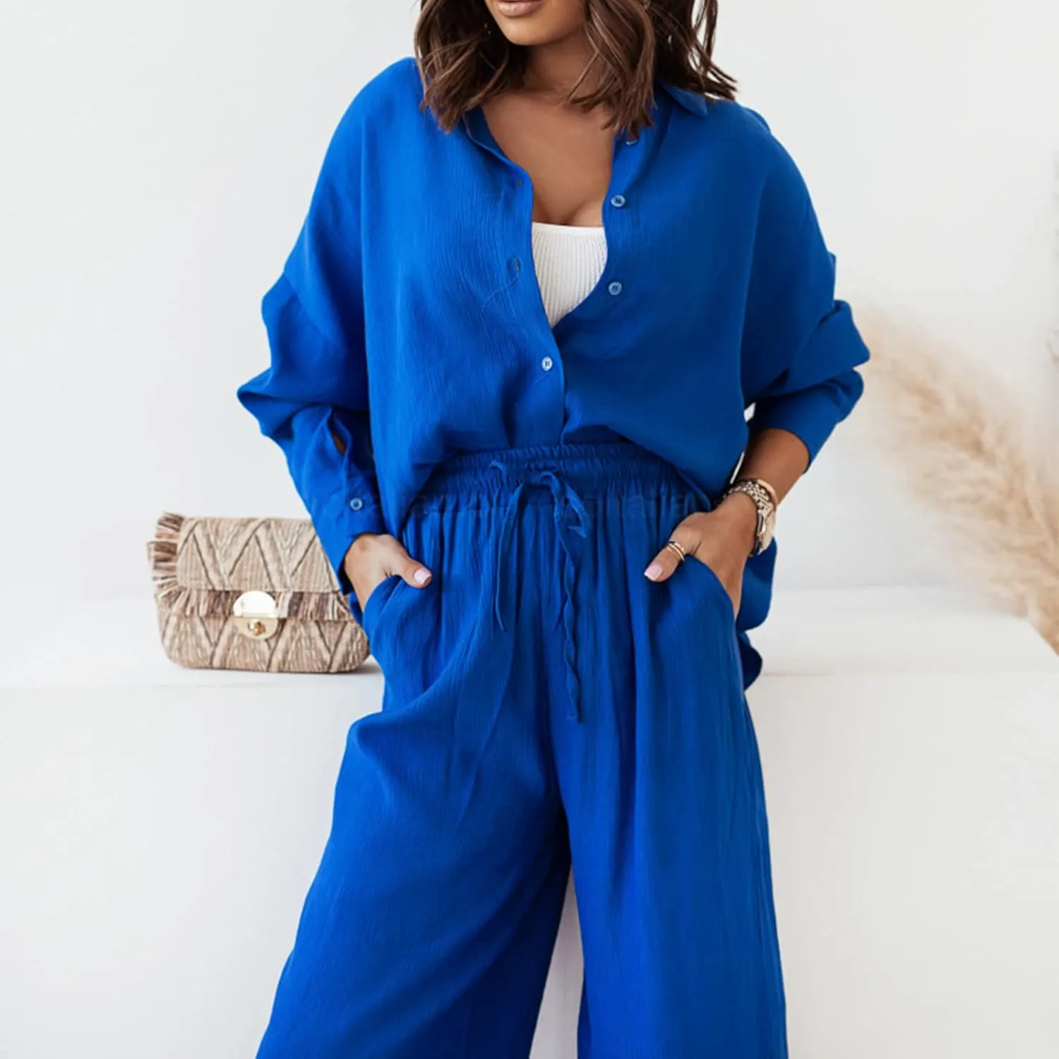 Women's 2 Piece Casual Outfits Solid Graphic Button Shirt and Loose High Waist Wide Leg Palazzo Pants Set Shorts