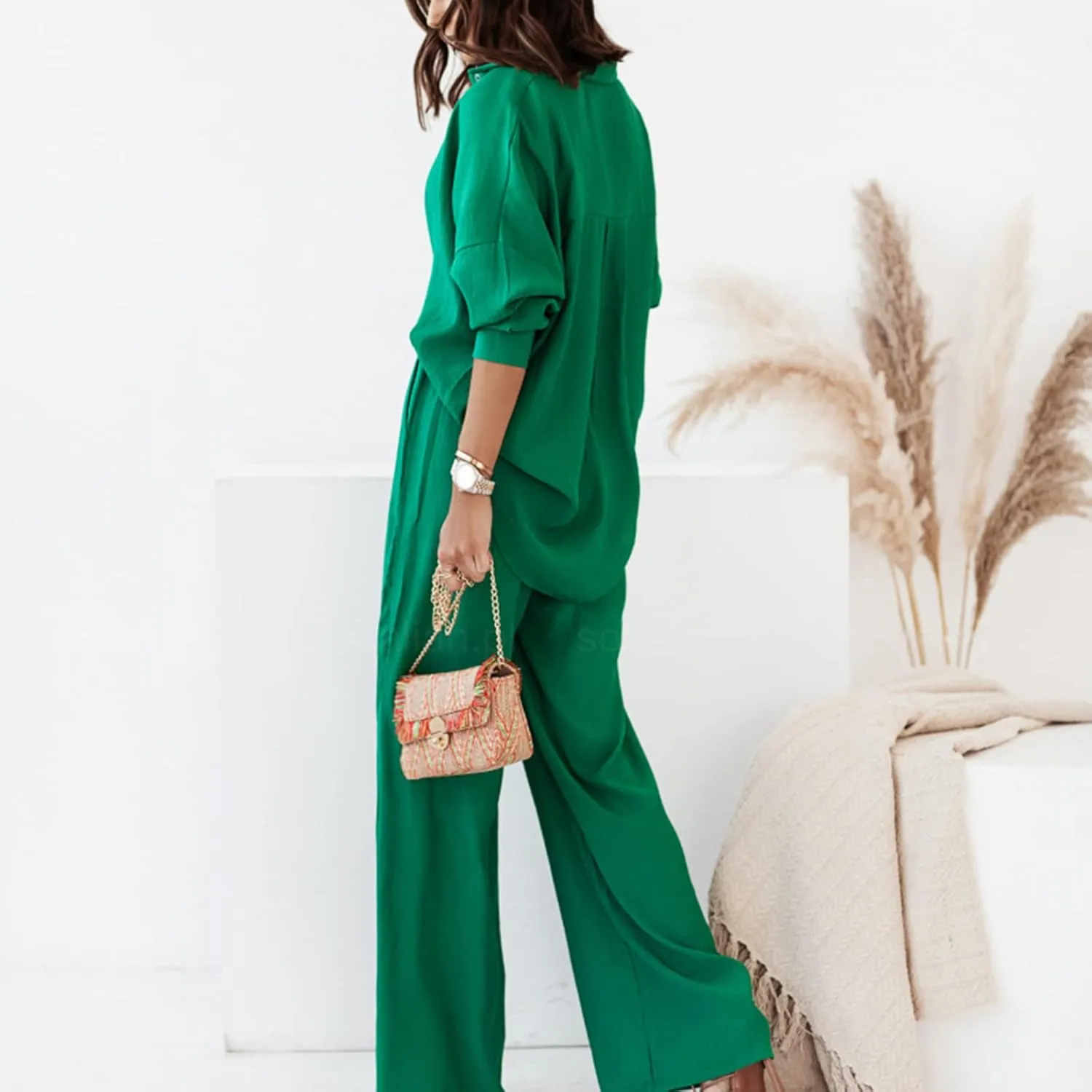 Women's 2 Piece Casual Outfits Solid Graphic Button Shirt and Loose High Waist Wide Leg Palazzo Pants Set Shorts