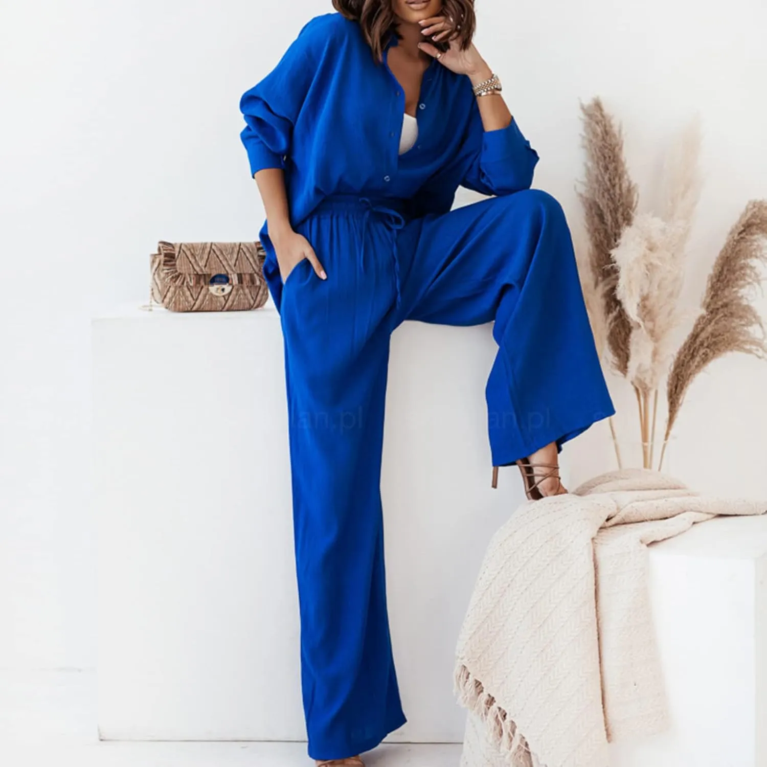 Women's 2 Piece Casual Outfits Solid Graphic Button Shirt and Loose High Waist Wide Leg Palazzo Pants Set Shorts