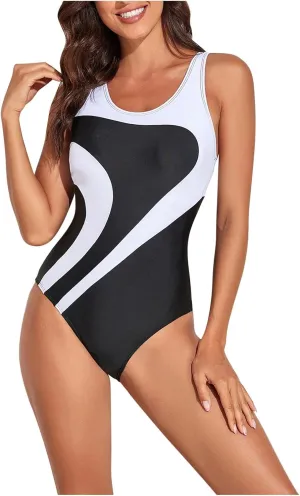 Womens Athletic One Piece Swimsuits Racerback Cutout Crewneck Colorblock Bathing Suit Modest Training Summer Swimwear