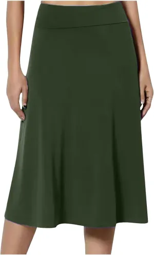 Womens Basic Solid Midi Skirts Casual Knee Length A-Line Skirt Lightweight Flare Pull On Closure Skirt Plus Size 3XL