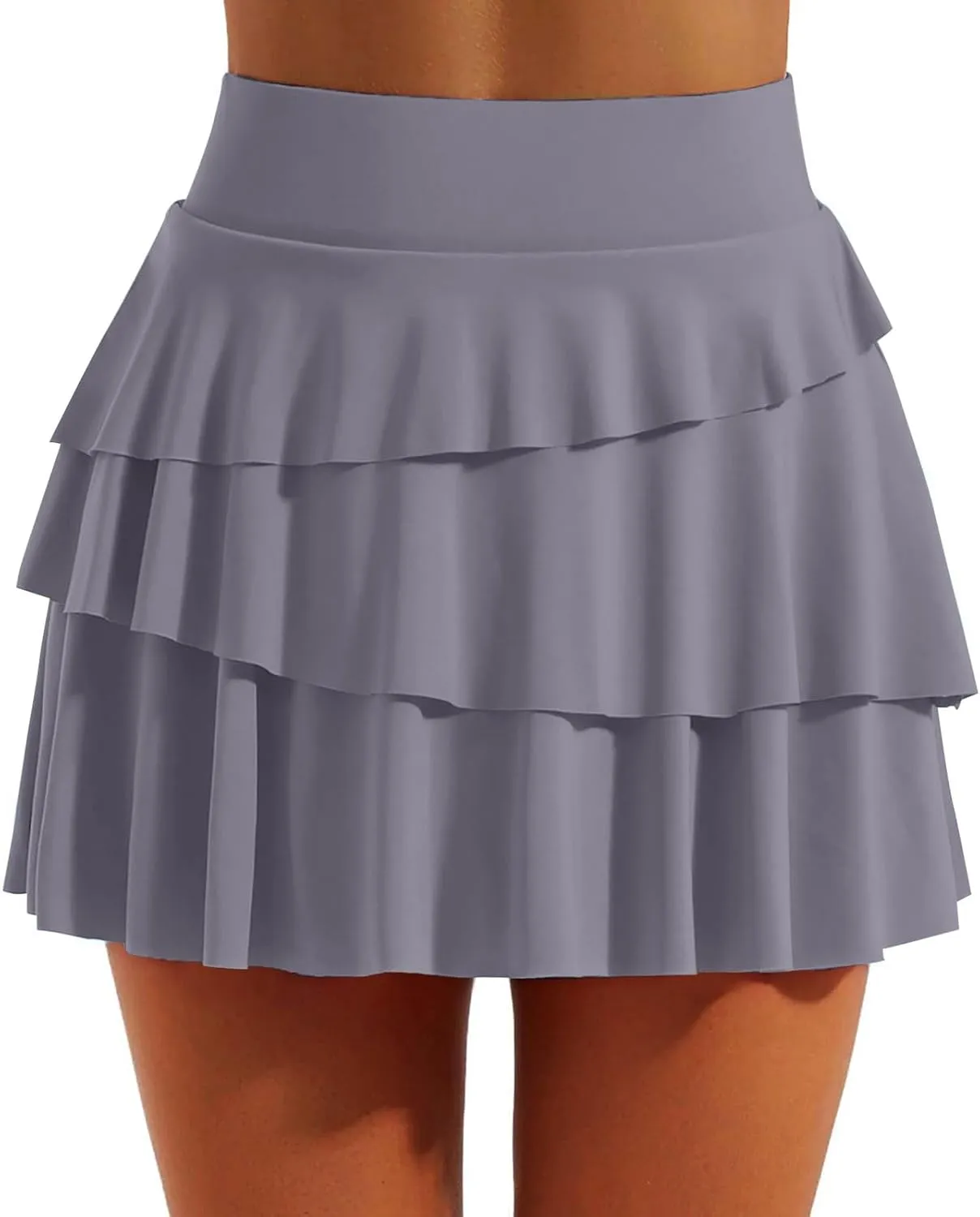 Women's Basic Versatile Stretchy Tiered Pleated Flared Mini Skater Skirt with Shorts, S-2XL