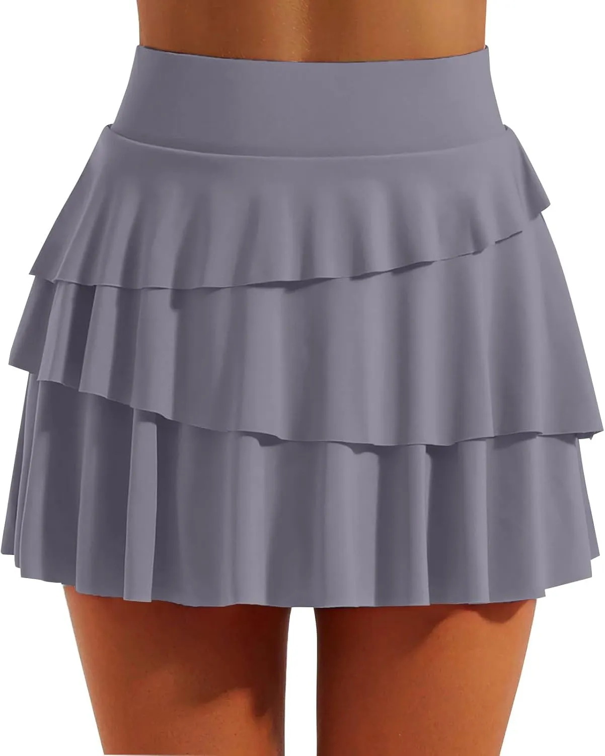 Women's Basic Versatile Stretchy Tiered Pleated Flared Mini Skater Skirt with Shorts, S-2XL