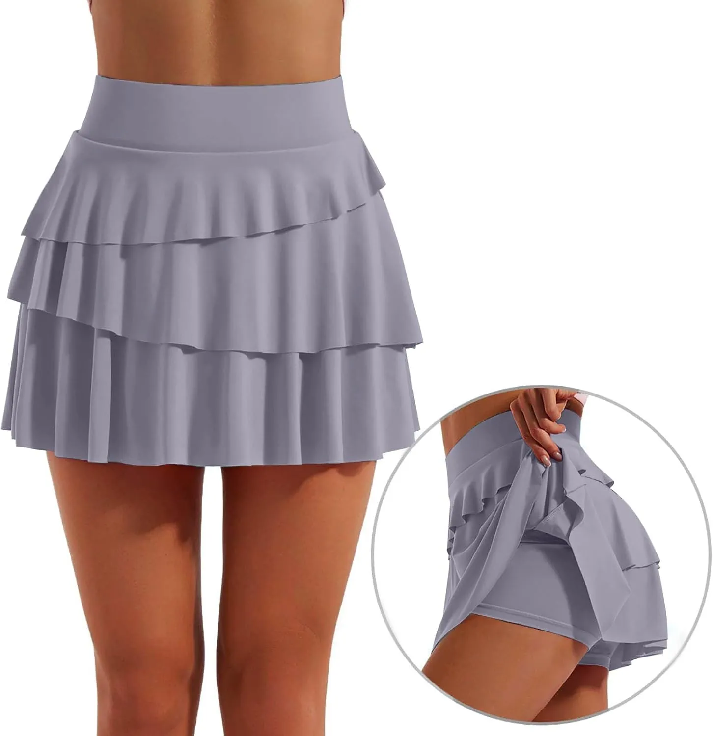 Women's Basic Versatile Stretchy Tiered Pleated Flared Mini Skater Skirt with Shorts, S-2XL