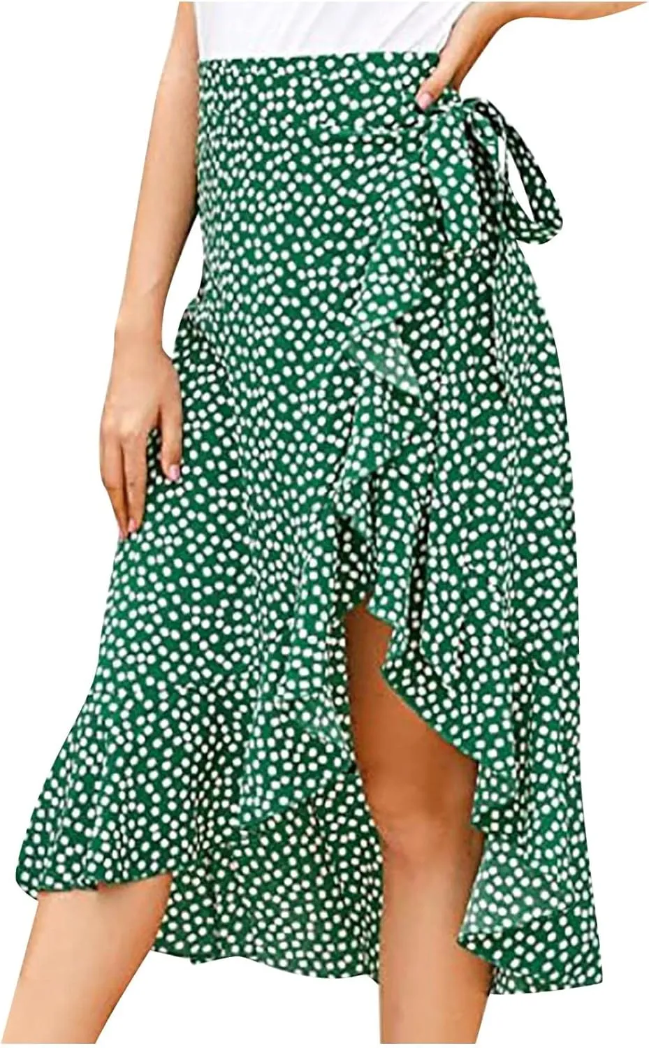 Womens Boho Midi Skirts Ruffle Wrap Skirts High Waisted Floral Skirts Split Beach Skirts Long Flowy Skirt Resort Wear