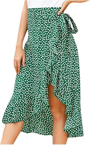 Womens Boho Midi Skirts Ruffle Wrap Skirts High Waisted Floral Skirts Split Beach Skirts Long Flowy Skirt Resort Wear