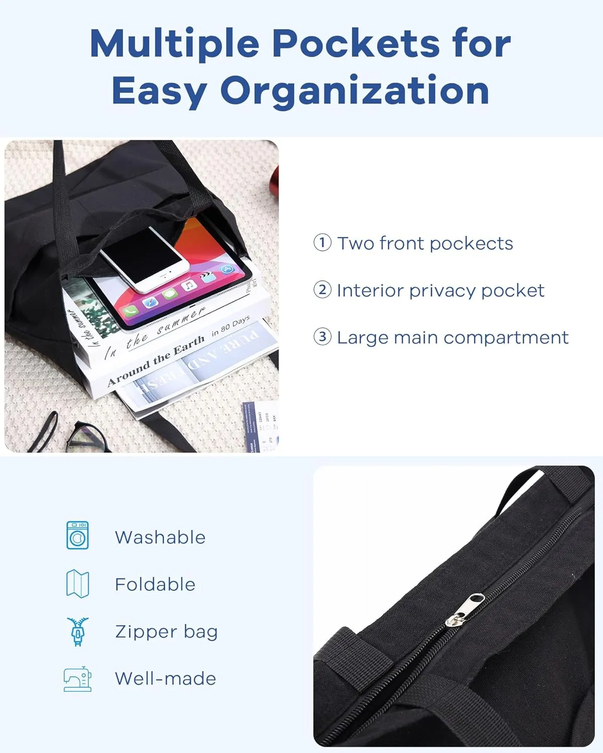 Women's Canvas Bag, Aesthetic Handbags with Zipper Travel Shoulder Bags Shopping Handbags with Inner Pockets