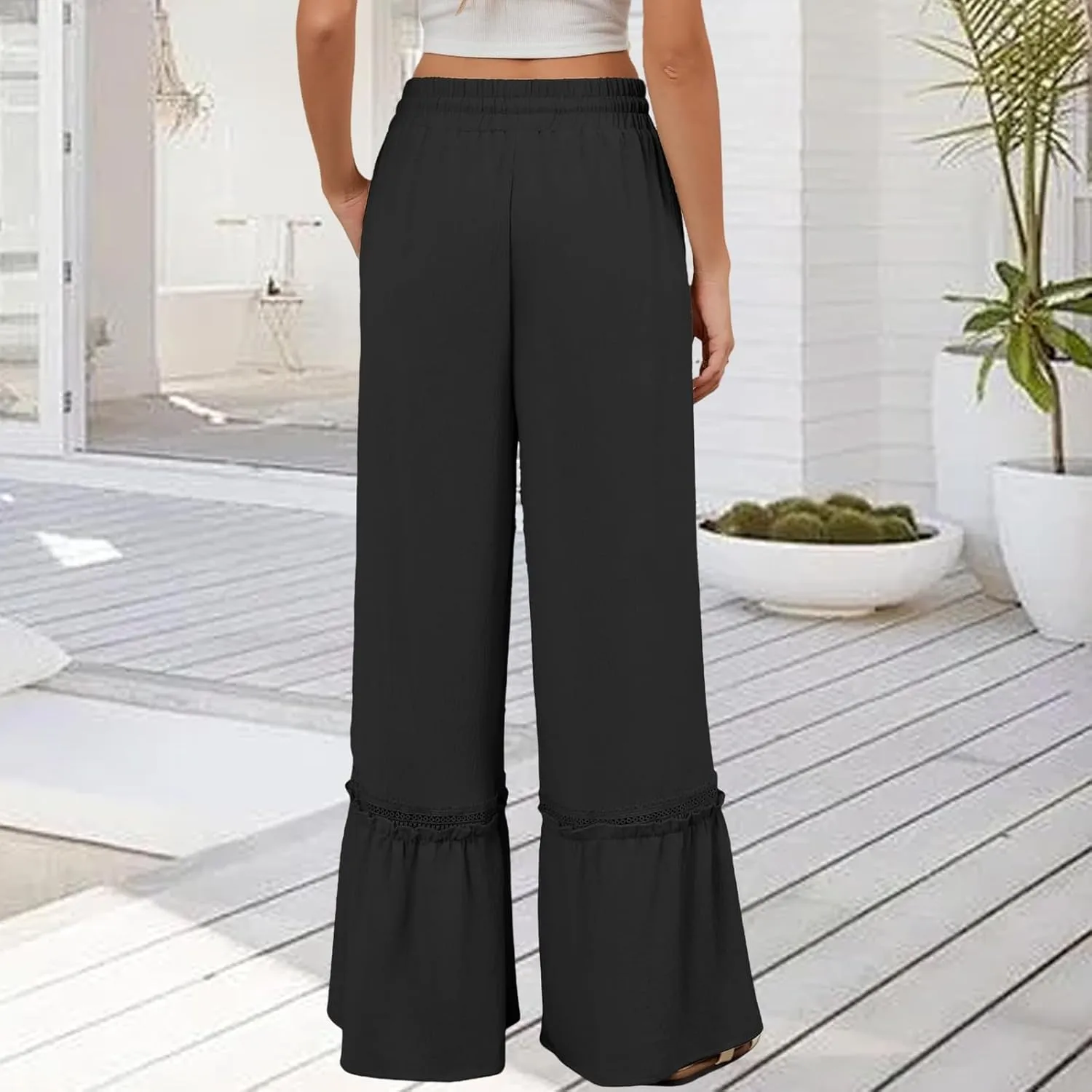 Womens Casual Pants Trendy High Waisted Wide Leg Pant Summer Flowy Baggy Drawstring Ruffle Leg Trousers with Pockets