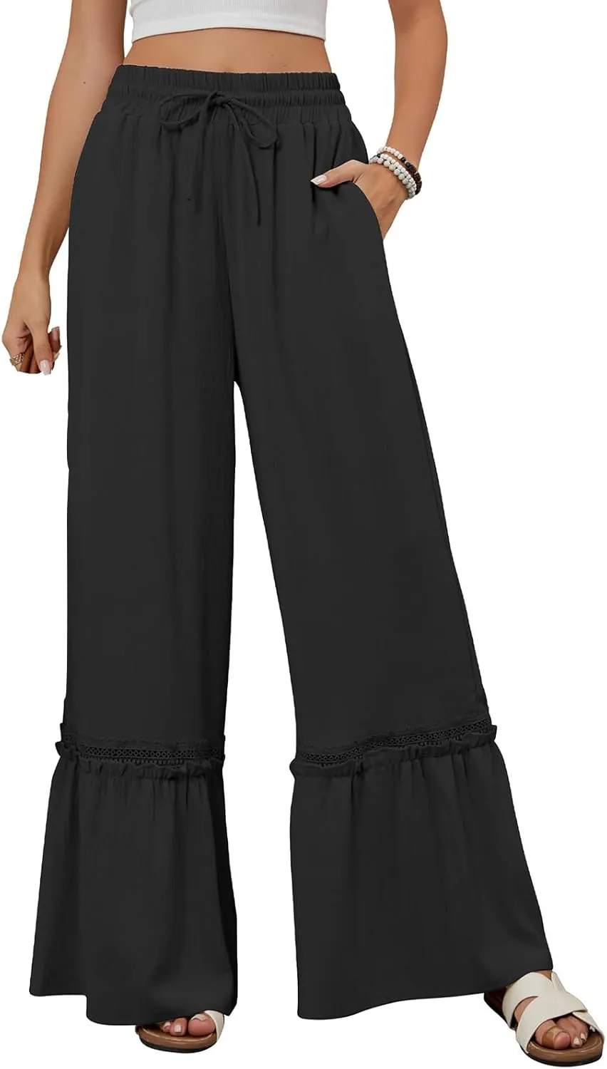 Womens Casual Pants Trendy High Waisted Wide Leg Pant Summer Flowy Baggy Drawstring Ruffle Leg Trousers with Pockets