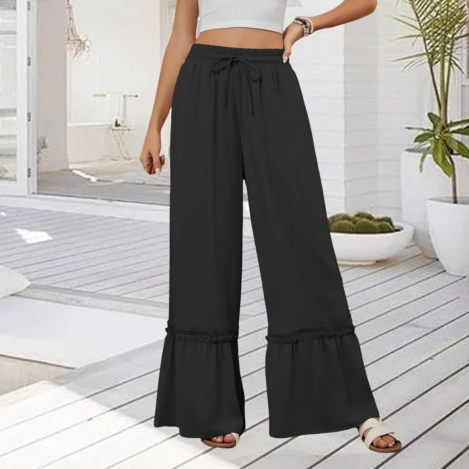 Womens Casual Pants Trendy High Waisted Wide Leg Pant Summer Flowy Baggy Drawstring Ruffle Leg Trousers with Pockets