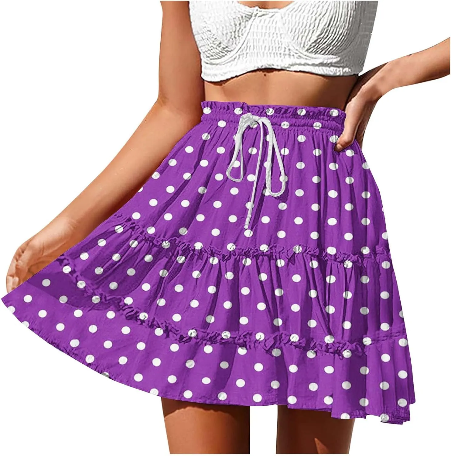 Women's Casual Summer Skirts High Waist Pleated Skirts A-Line Flowy Swing Tiered Skirt Polka Dots Beach Skirt