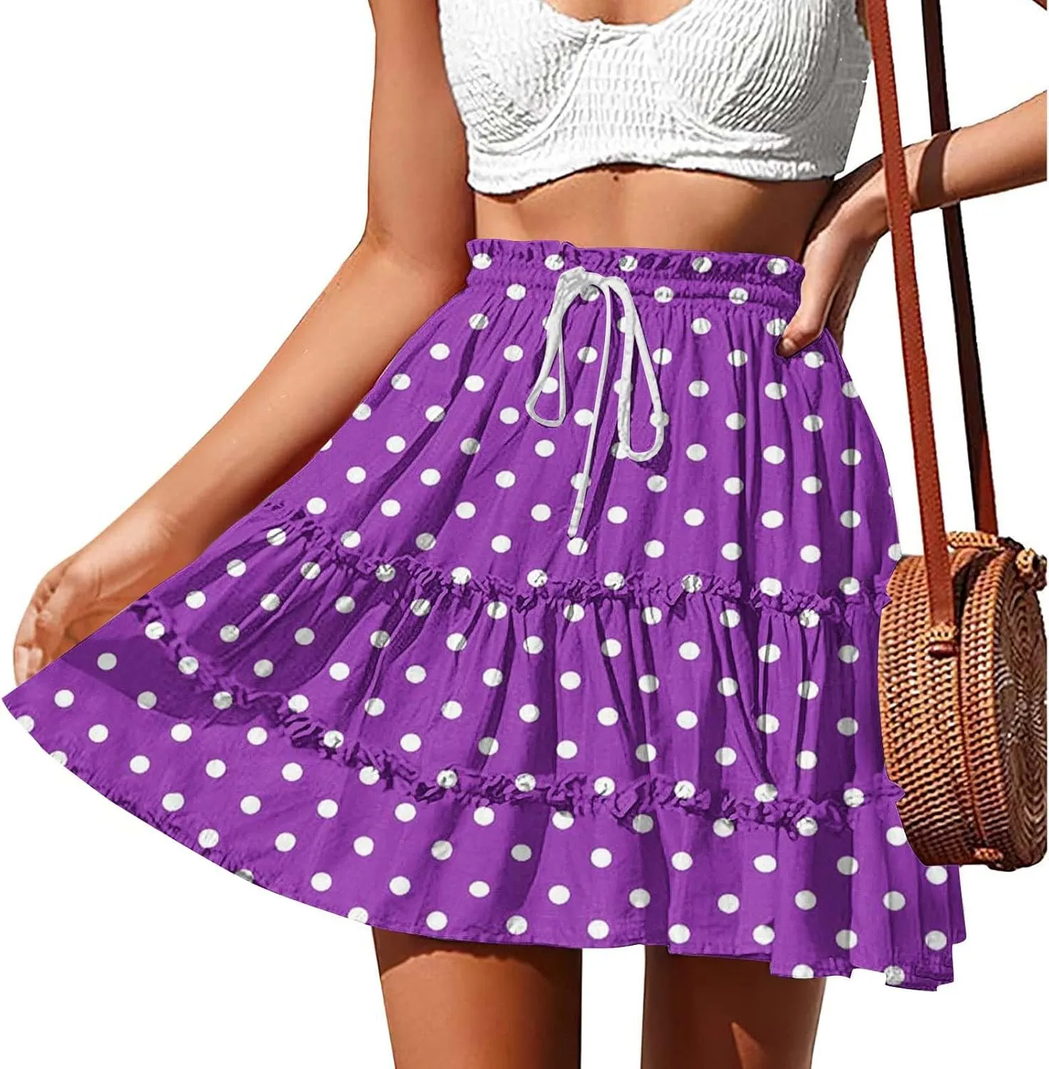 Women's Casual Summer Skirts High Waist Pleated Skirts A-Line Flowy Swing Tiered Skirt Polka Dots Beach Skirt