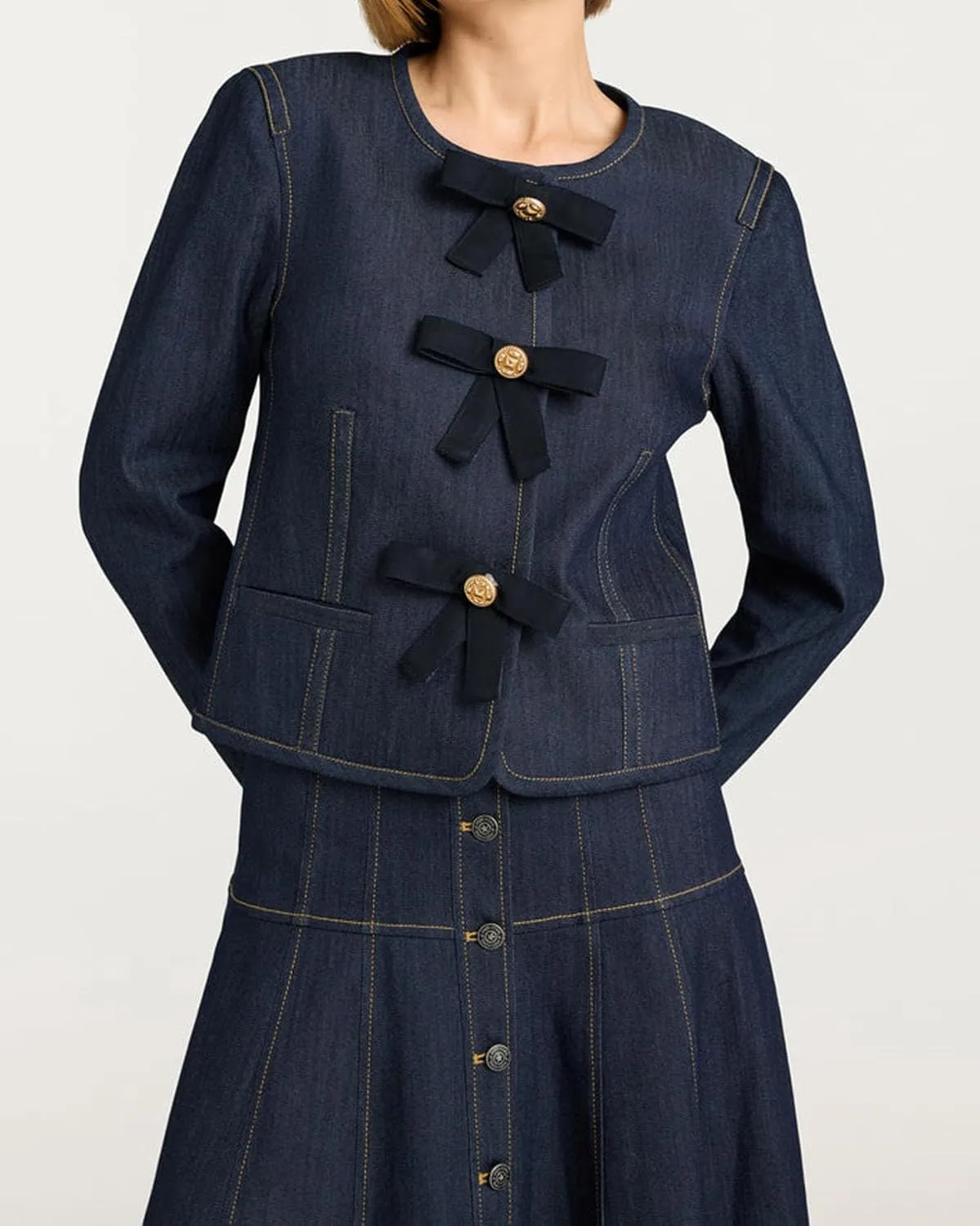 Women's Cropped Long Sleeve Denim Jacket Lightweight Crewneck Button Down Jacket Y2k Vintage Bowknot Jackets