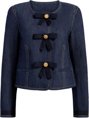 Women's Cropped Long Sleeve Denim Jacket Lightweight Crewneck Button Down Jacket Y2k Vintage Bowknot Jackets