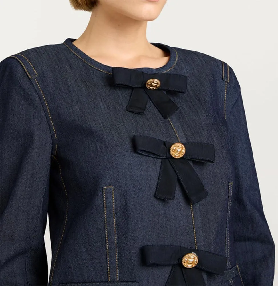 Women's Cropped Long Sleeve Denim Jacket Lightweight Crewneck Button Down Jacket Y2k Vintage Bowknot Jackets