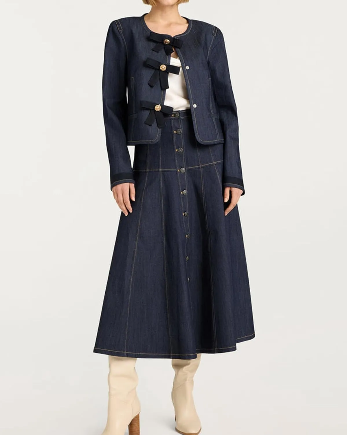 Women's Cropped Long Sleeve Denim Jacket Lightweight Crewneck Button Down Jacket Y2k Vintage Bowknot Jackets