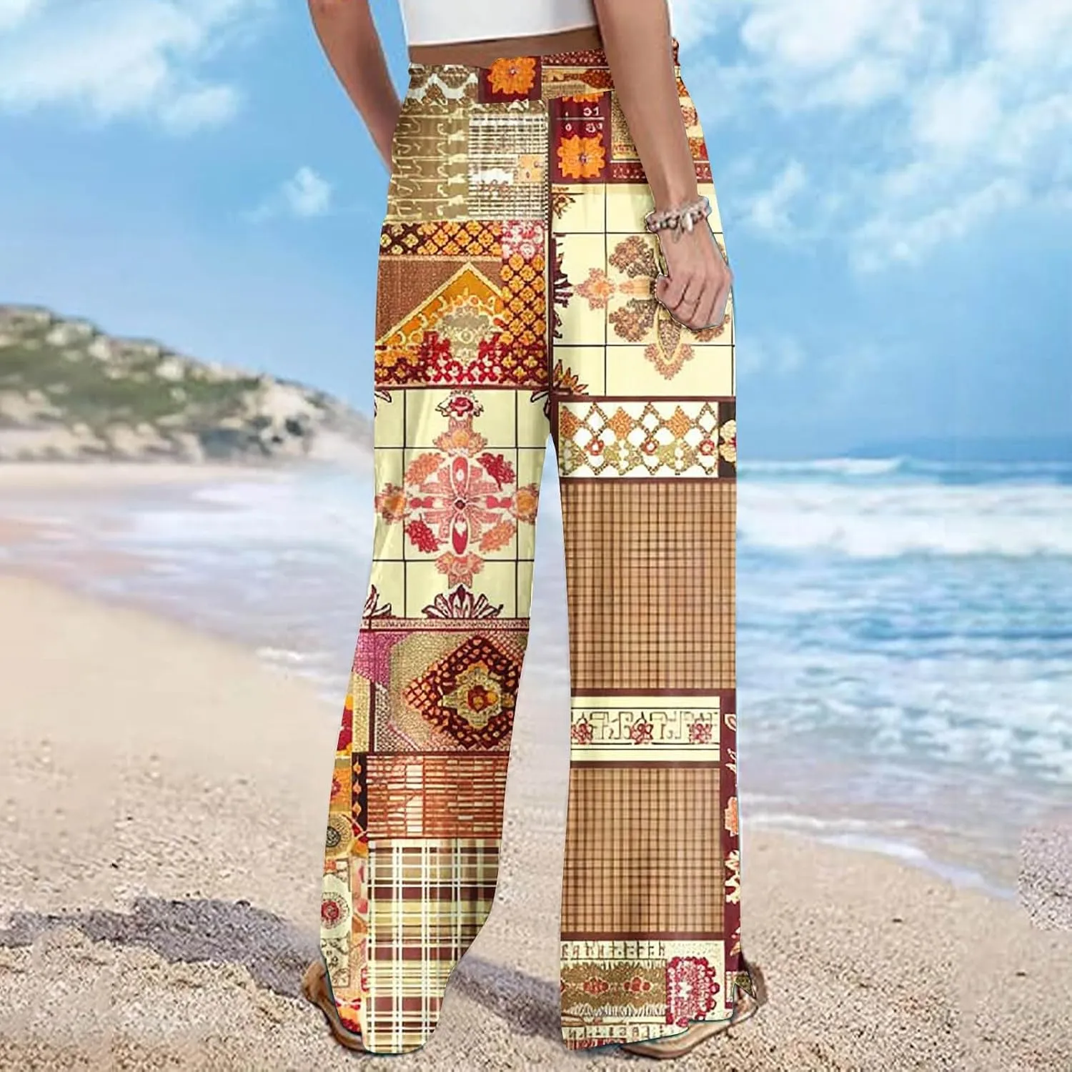 Women's Ethnic Style Palazzo Pants Vintage Boho Print Yoga Dance Pants Casual Loose Fit High Waist Wide Leg Trousers