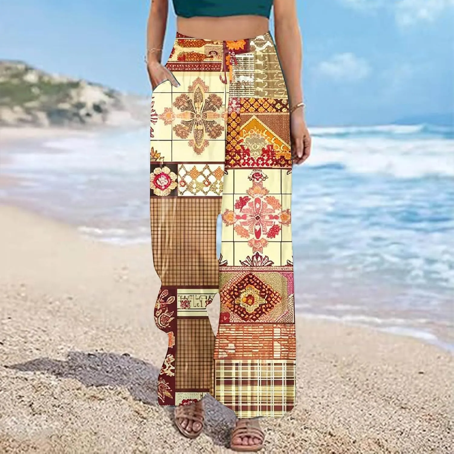 Women's Ethnic Style Palazzo Pants Vintage Boho Print Yoga Dance Pants Casual Loose Fit High Waist Wide Leg Trousers