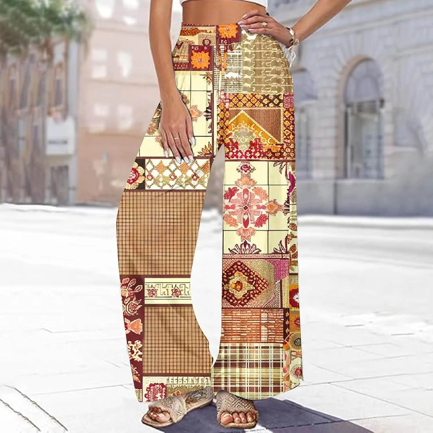 Women's Ethnic Style Palazzo Pants Vintage Boho Print Yoga Dance Pants Casual Loose Fit High Waist Wide Leg Trousers