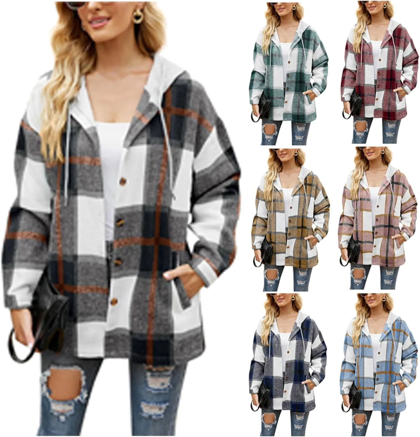 Womens Flannel Plaid Shacket Jacket Long Sleeve Button Down Hooded Shirt Casual Oversized Blouse Tops