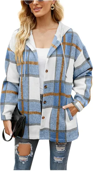 Womens Flannel Plaid Shacket Jacket Long Sleeve Button Down Hooded Shirt Casual Oversized Blouse Tops