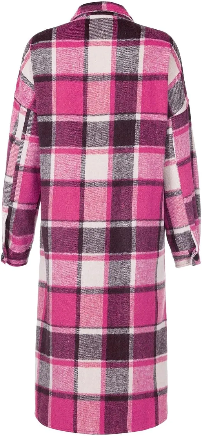 Womens Flannel Plaid Shacket Long Lapel Wool Blend Coat Loose Fit Button Down Lapel Trench Coat