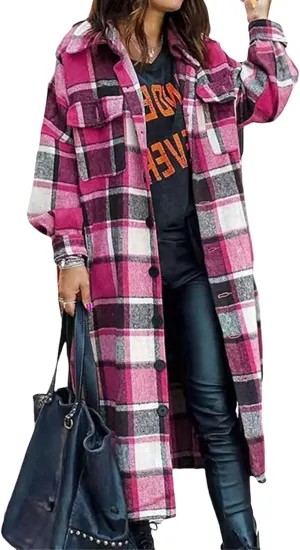 Womens Flannel Plaid Shacket Long Lapel Wool Blend Coat Loose Fit Button Down Lapel Trench Coat