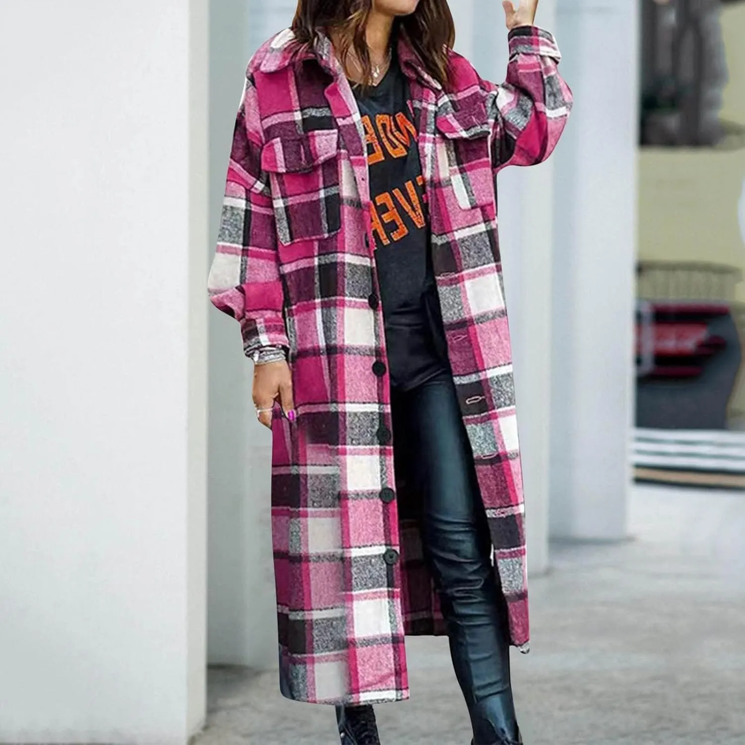Womens Flannel Plaid Shacket Long Lapel Wool Blend Coat Loose Fit Button Down Lapel Trench Coat
