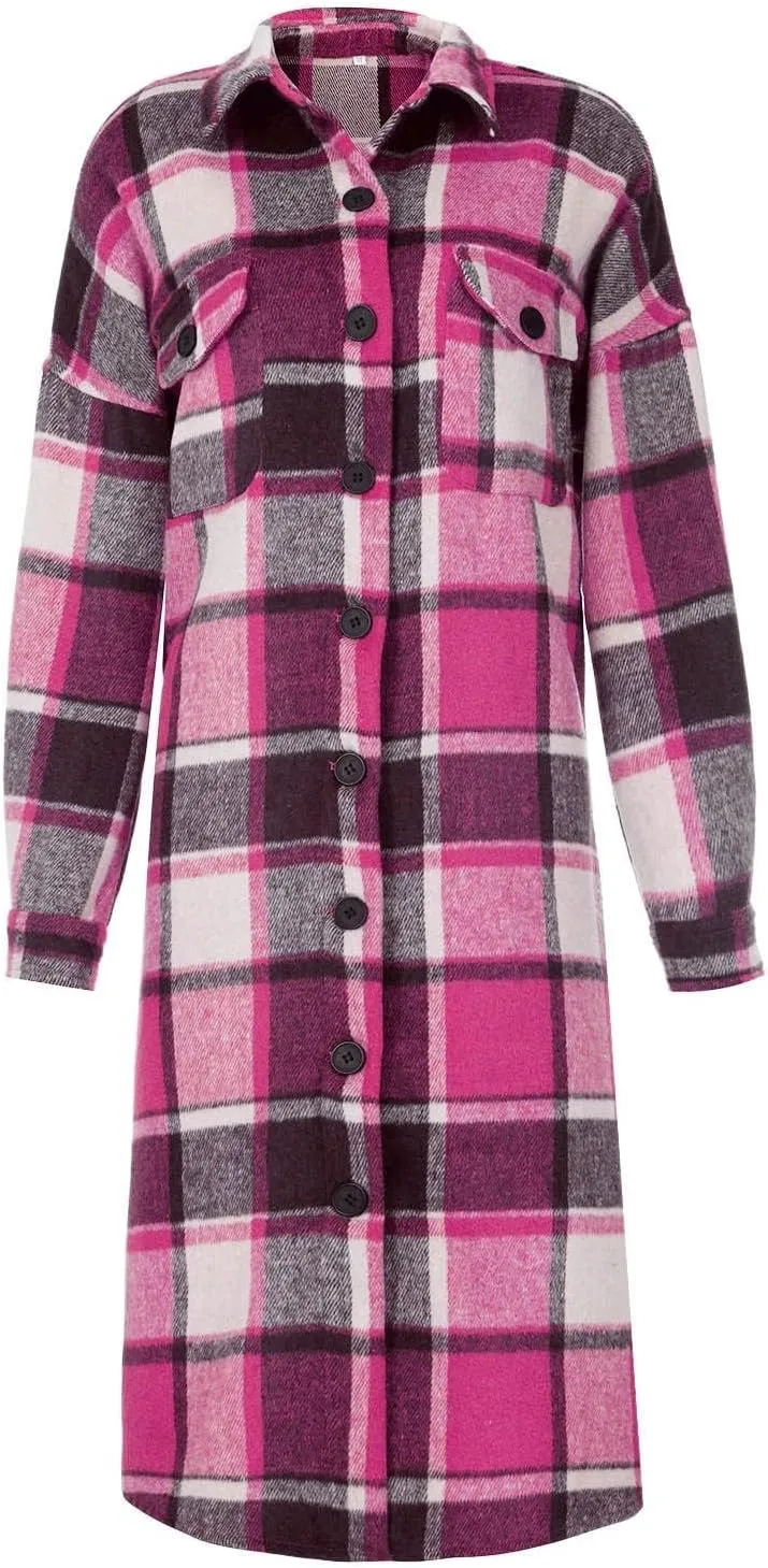 Womens Flannel Plaid Shacket Long Lapel Wool Blend Coat Loose Fit Button Down Lapel Trench Coat