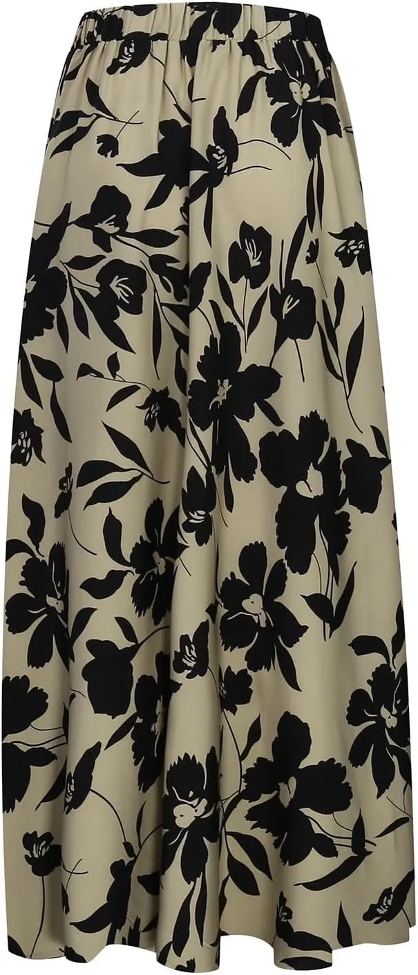 Women's Floral Maxi Skirt Summer Comfy Tiered Elastic High Waisted A-Line Flowy Swing Long Skirts for Women