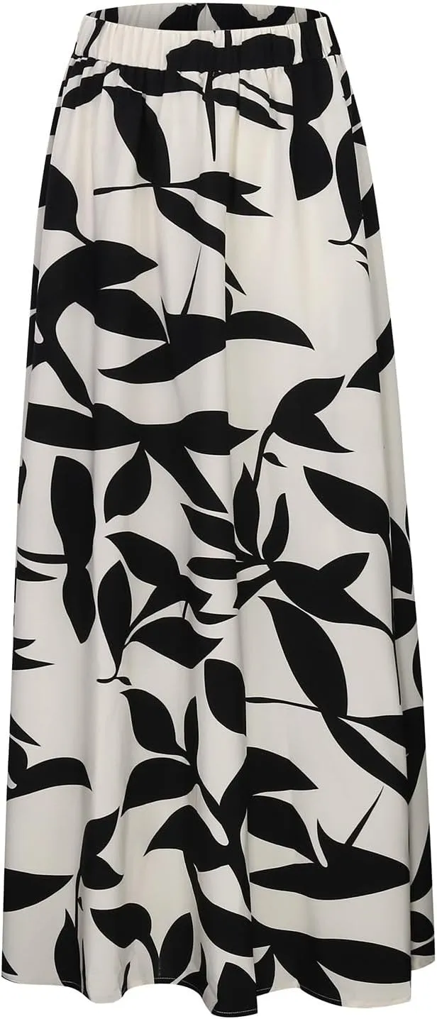 Women's Floral Maxi Skirt Summer Comfy Tiered Elastic High Waisted A-Line Flowy Swing Long Skirts for Women