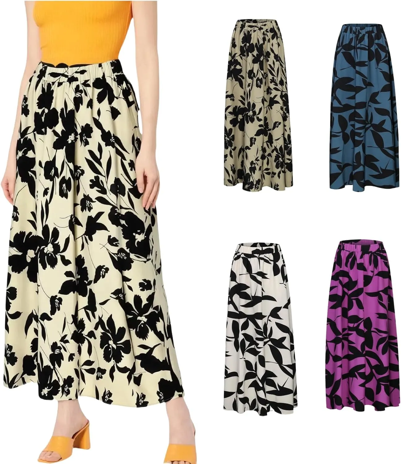 Women's Floral Maxi Skirt Summer Comfy Tiered Elastic High Waisted A-Line Flowy Swing Long Skirts for Women