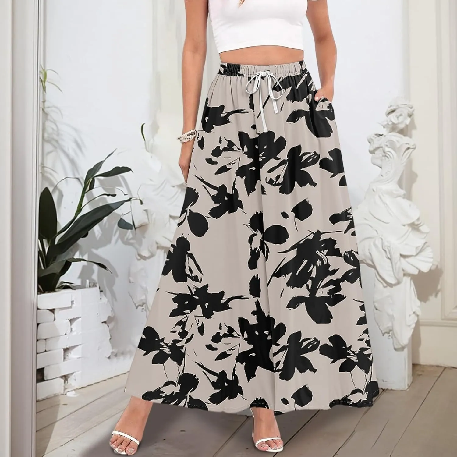Women's Flowy Maxi Skirt Summer High Waisted Pleated tie Casual Long Skirts with Pockets, S-2XL