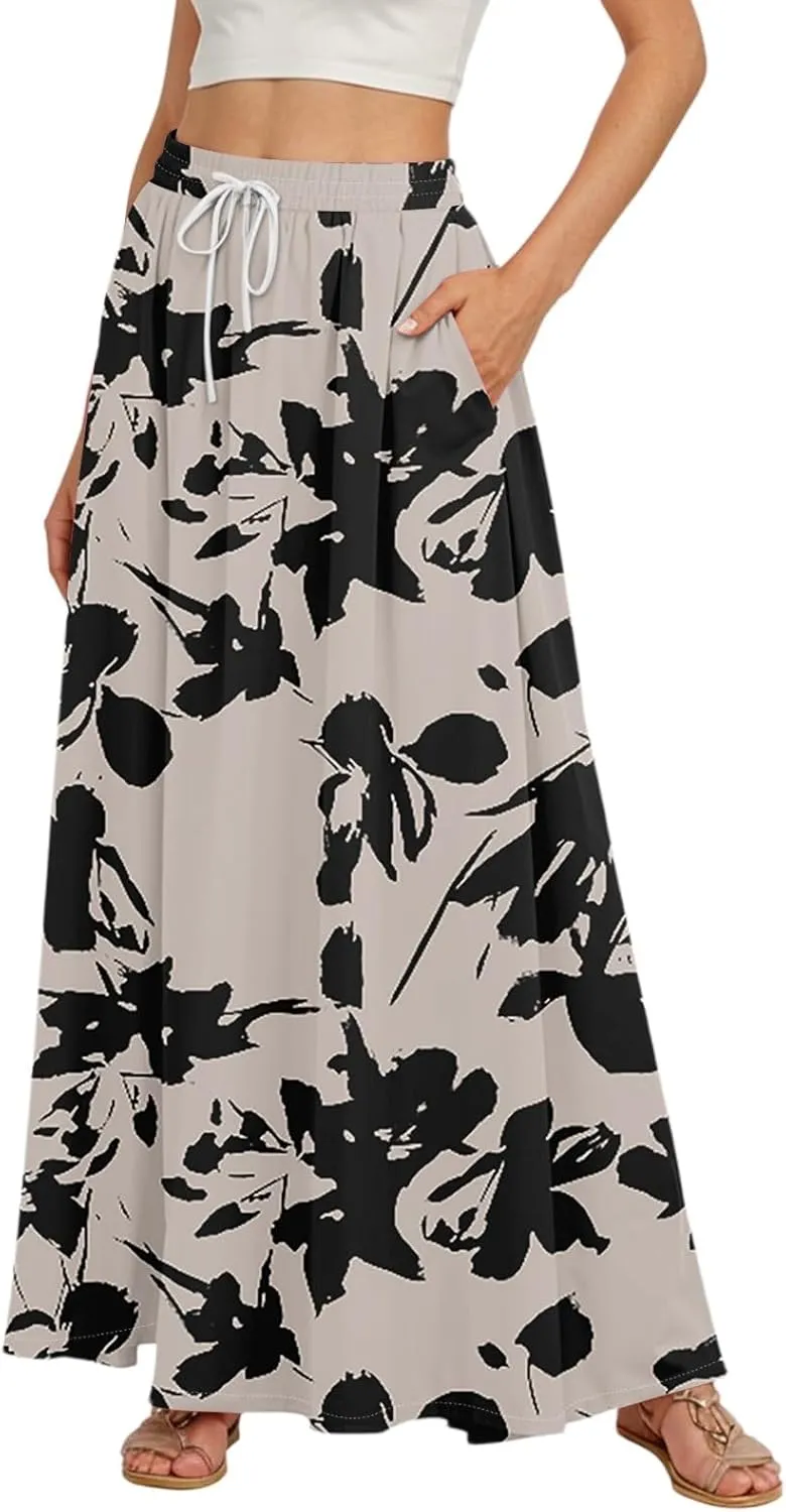 Women's Flowy Maxi Skirt Summer High Waisted Pleated tie Casual Long Skirts with Pockets, S-2XL