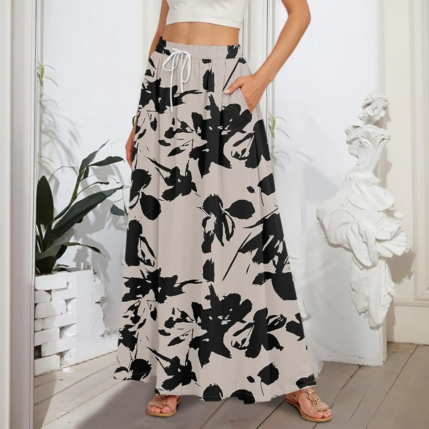 Women's Flowy Maxi Skirt Summer High Waisted Pleated tie Casual Long Skirts with Pockets, S-2XL
