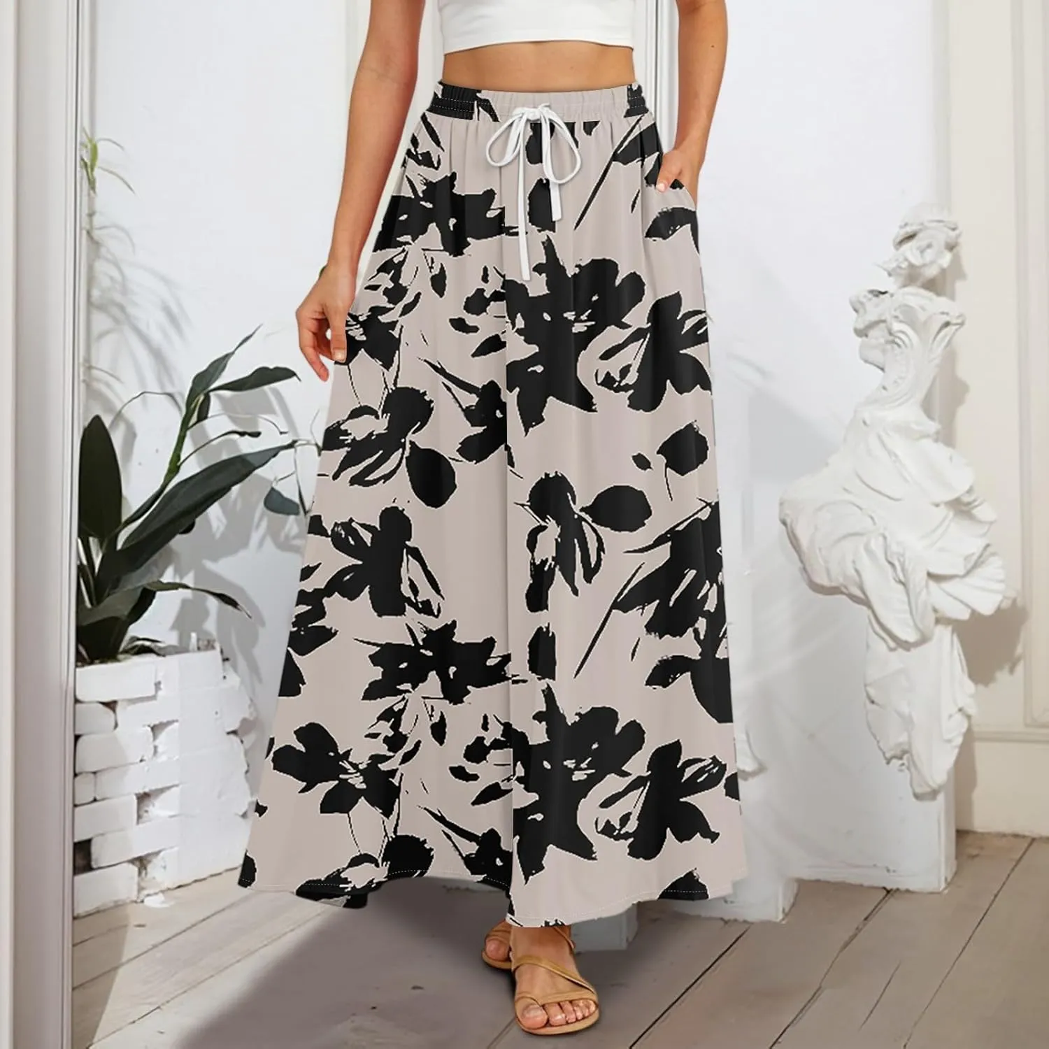 Women's Flowy Maxi Skirt Summer High Waisted Pleated tie Casual Long Skirts with Pockets, S-2XL