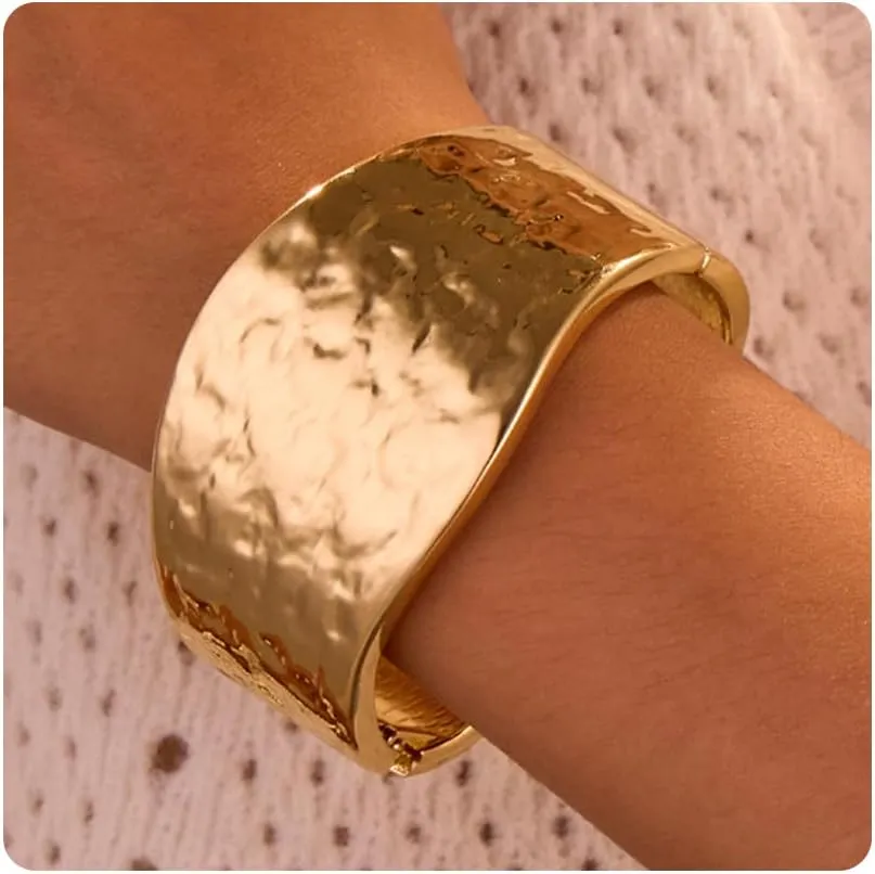 Womens Gold Hammered Bangle Bracelet - Vintage Chunky Textured Statement Bracelet Cuff Jewelry