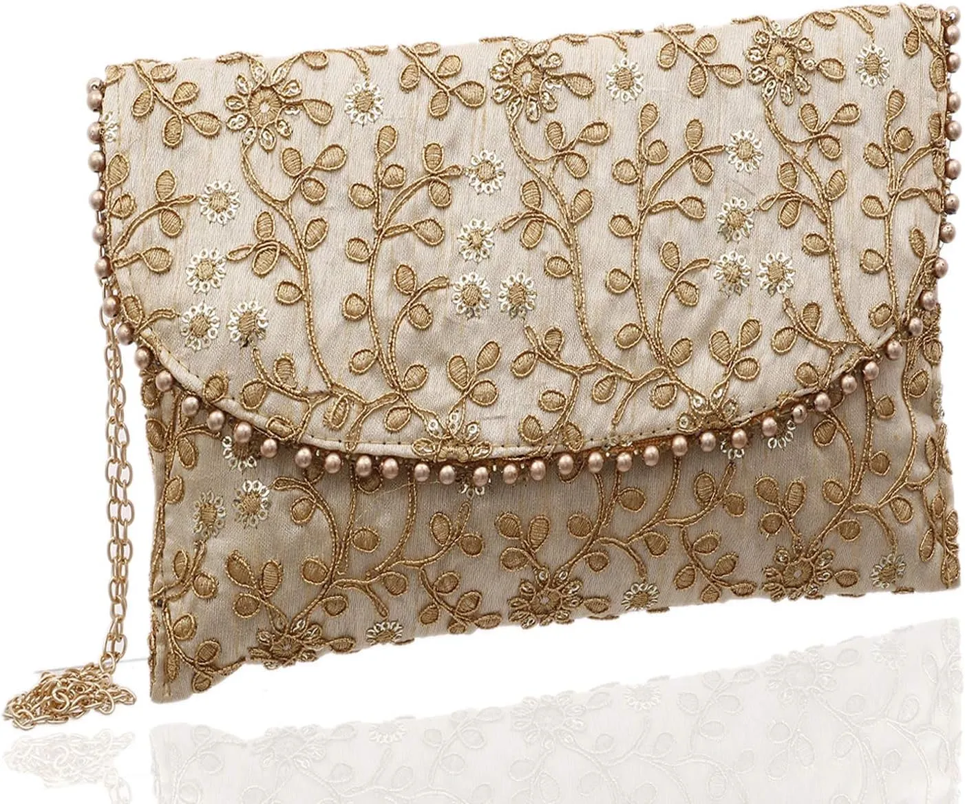 Women's Handcrafted Embroidered Clutch Bag Purse Handbag for Bridal, Casual, Party, Wedding (Beige, Cream) - CTKTC34515