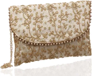 Women's Handcrafted Embroidered Clutch Bag Purse Handbag for Bridal, Casual, Party, Wedding (Beige, Cream) - CTKTC34515