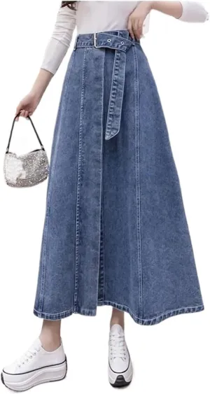 Women's High Waisted Denim Skirt Vintage Belt Large Swing A-line Umbrella Skirt
