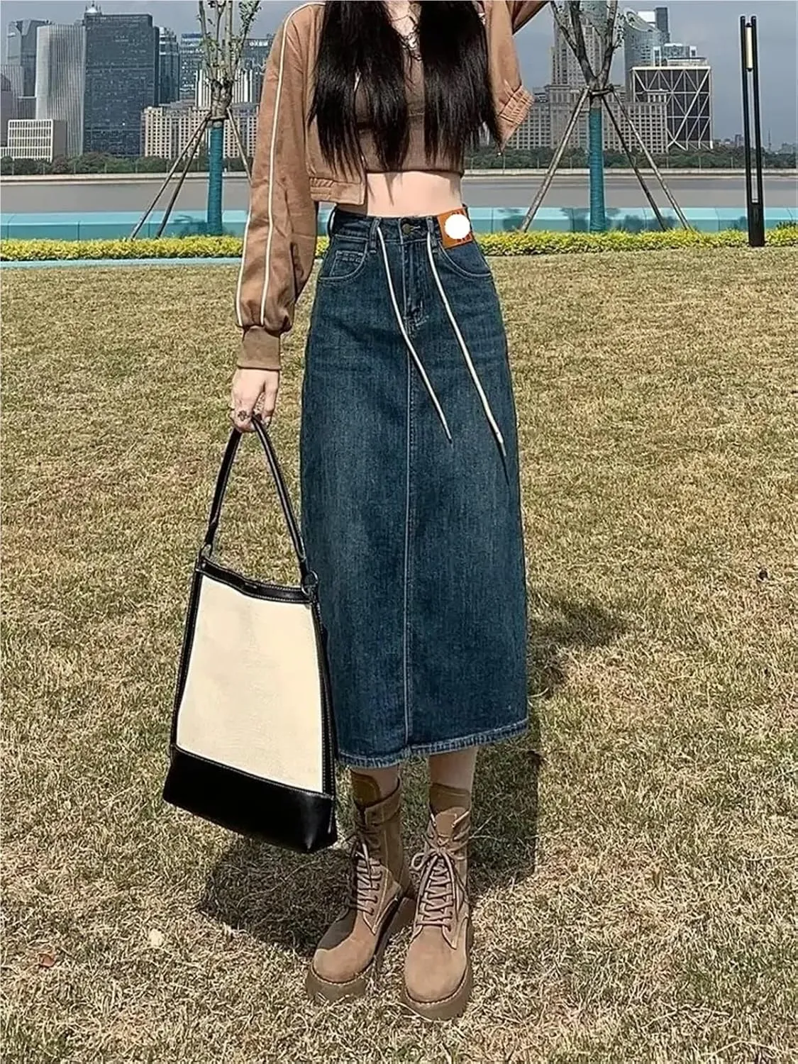 Women's High Waisted Denim Skirt Vintage Slim Mid-Length A-Line Skirt