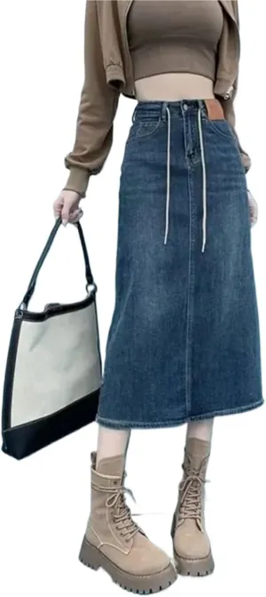 Women's High Waisted Denim Skirt Vintage Slim Mid-Length A-Line Skirt