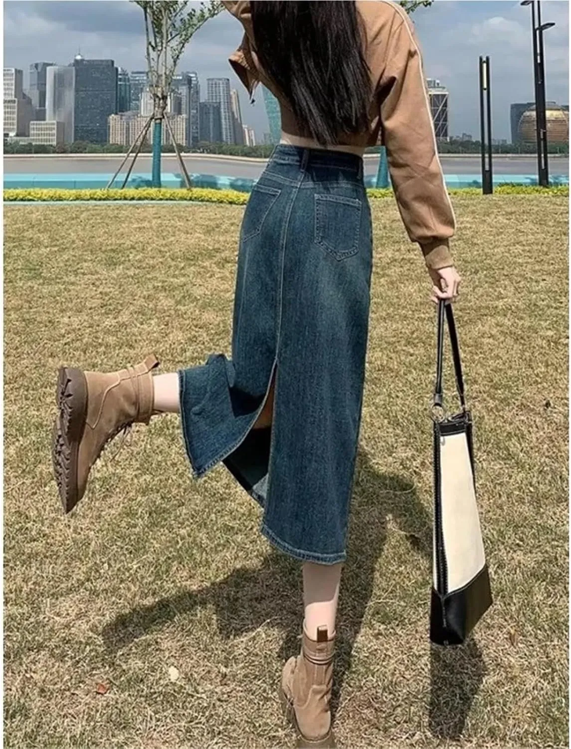 Women's High Waisted Denim Skirt Vintage Slim Mid-Length A-Line Skirt