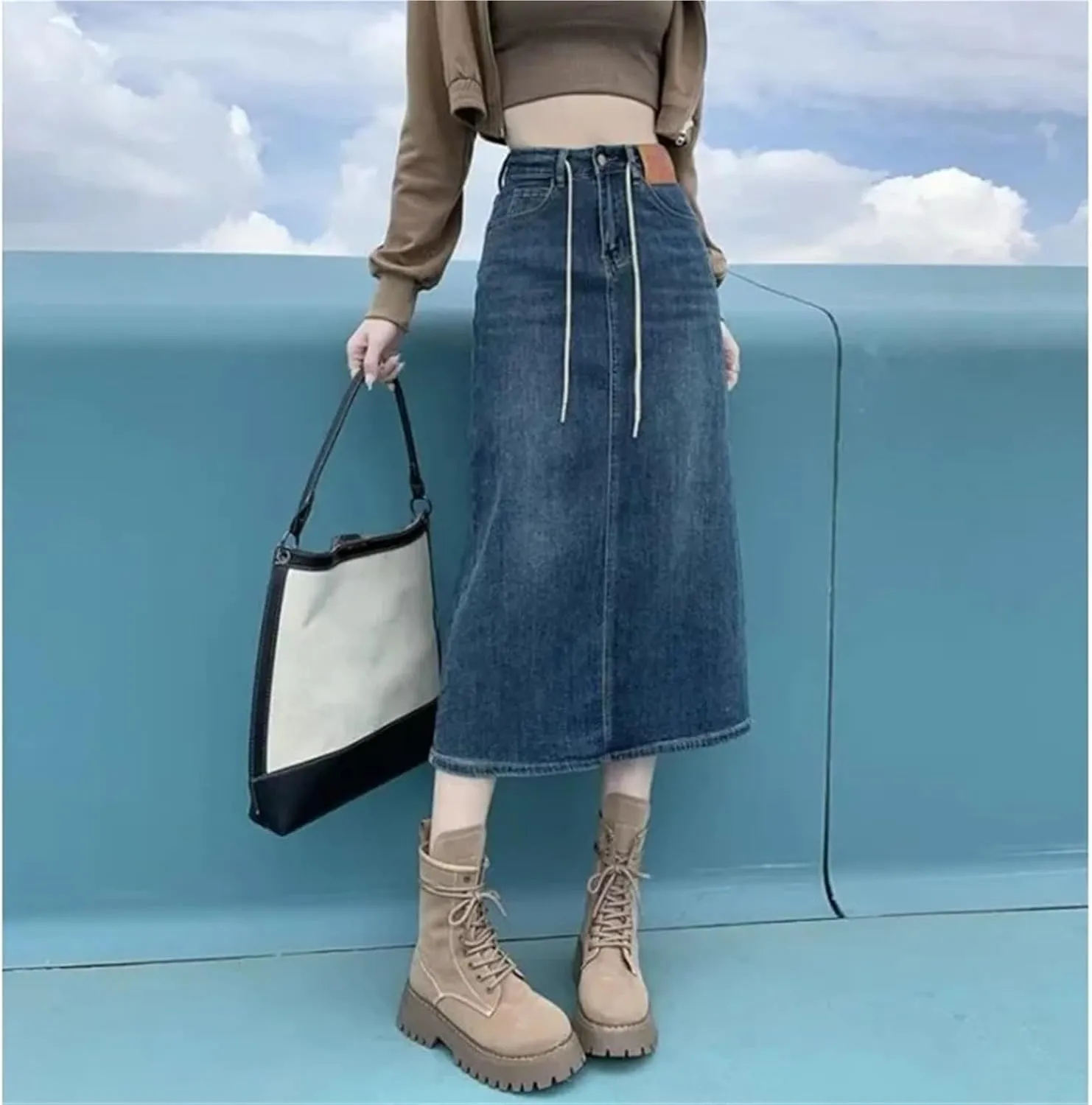 Women's High Waisted Denim Skirt Vintage Slim Mid-Length A-Line Skirt