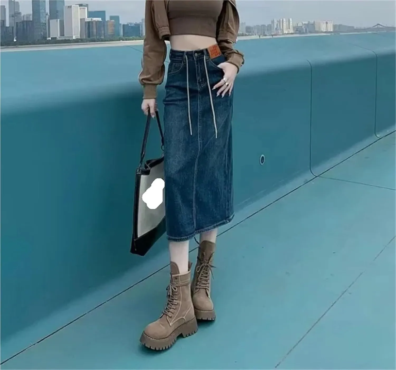 Women's High Waisted Denim Skirt Vintage Slim Mid-Length A-Line Skirt