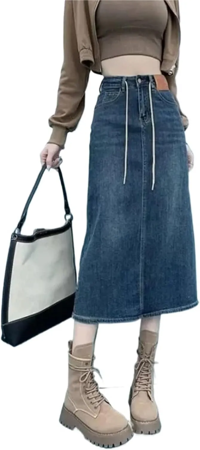 Women's High Waisted Denim Skirt Vintage Slim Mid-Length A-Line Skirt