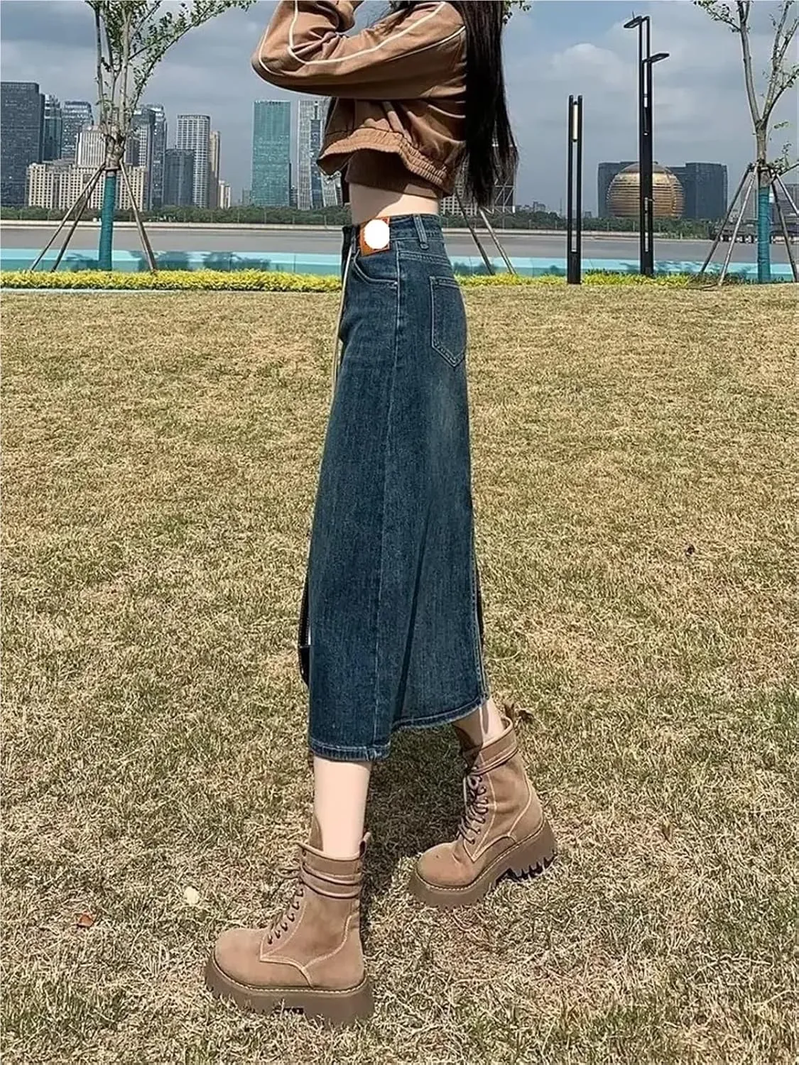 Women's High Waisted Denim Skirt Vintage Slim Mid-Length A-Line Skirt