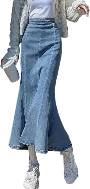 Women's High-Waisted Split Stretch Fishtail Skirt Casual Versatile Ruffled Denim Skirt