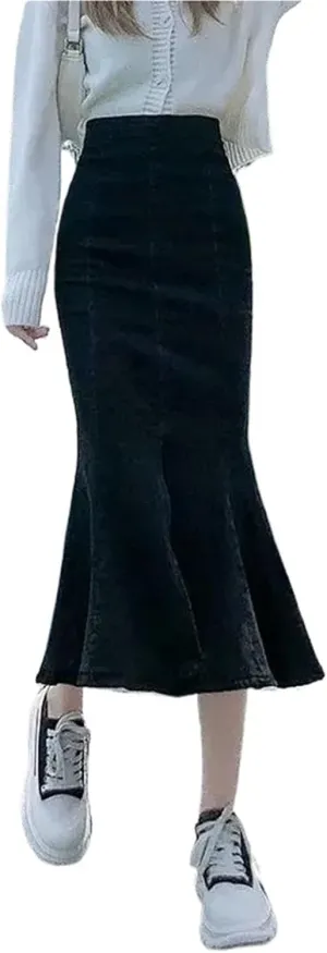 Women's High-Waisted Split Stretch Fishtail Skirt Casual Versatile Ruffled Denim Skirt