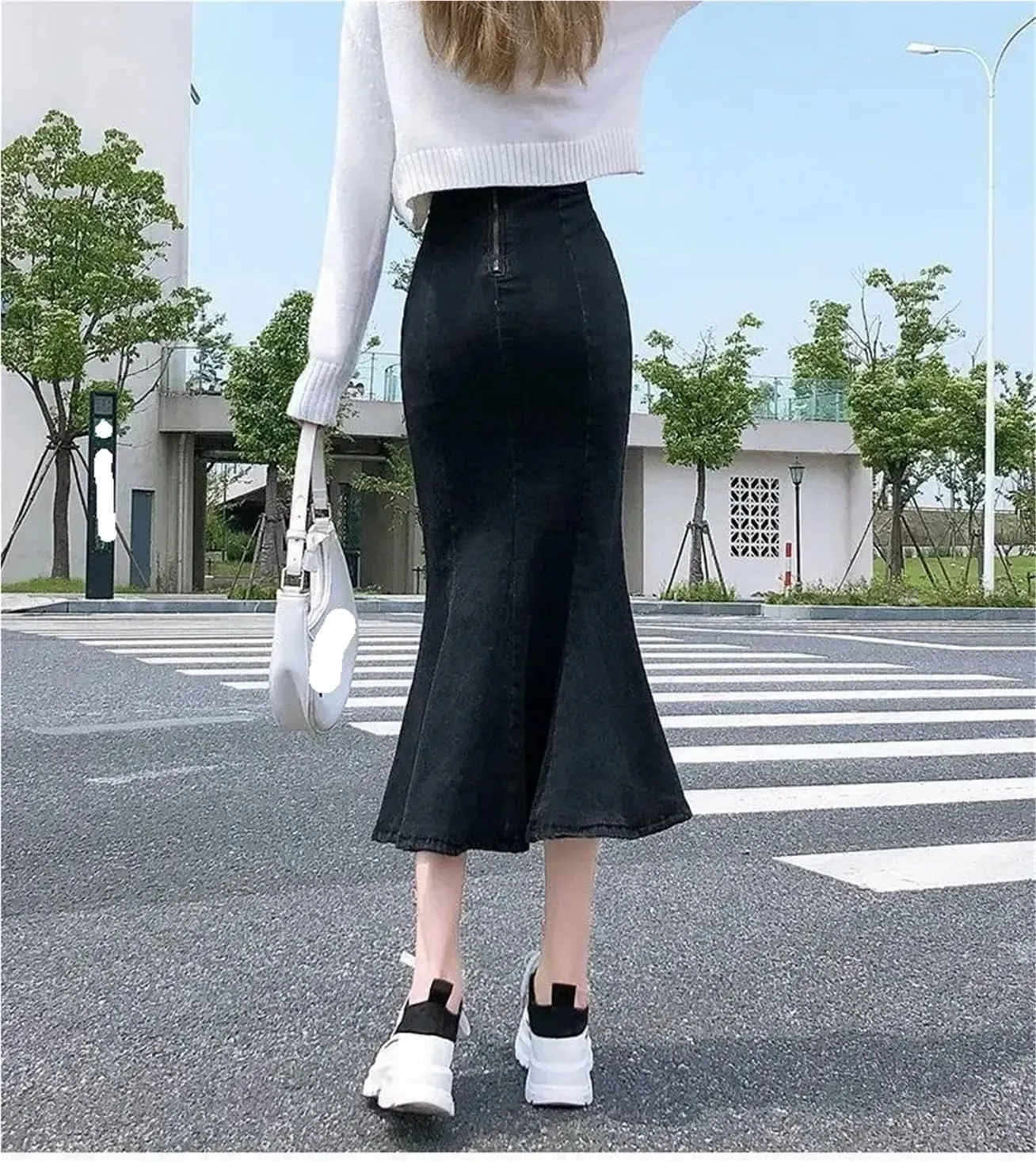 Women's High-Waisted Split Stretch Fishtail Skirt Casual Versatile Ruffled Denim Skirt